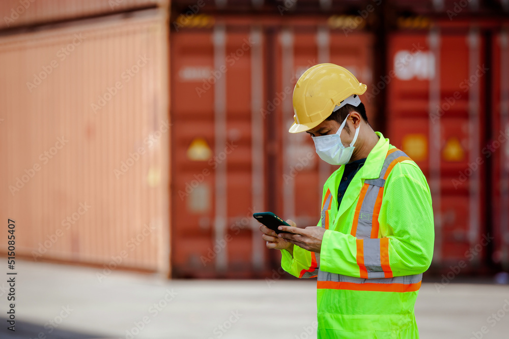 Poster worker control loading containers box from cargo freight ship for import export, foreman control ind