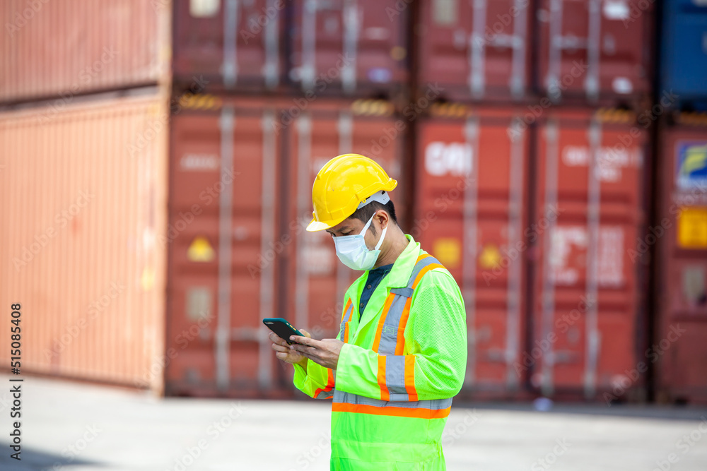 Poster worker control loading containers box from cargo freight ship for import export, foreman control ind