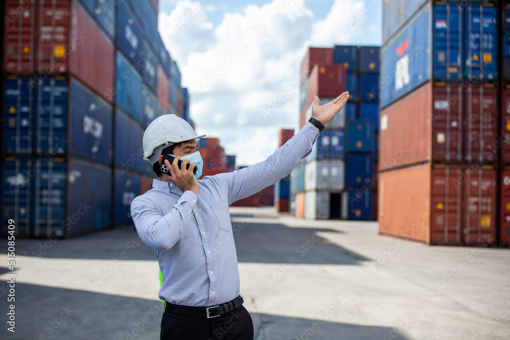 Aufkleber foreman control loading containers box from cargo freight ship for import export, worker control ind