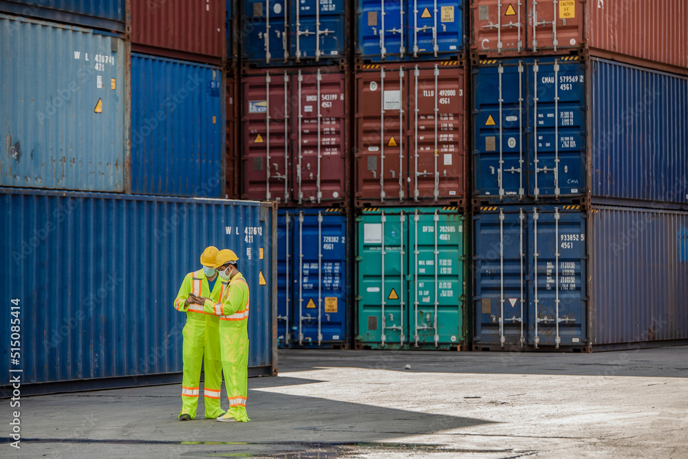 Poster two port workers working at the container yard. engineers are overseeing the transportation of cargo