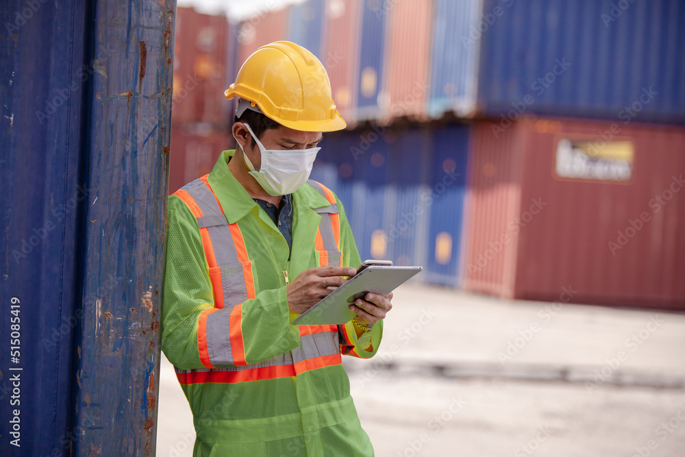 Poster worker control loading containers box from cargo freight ship for import export, foreman control ind