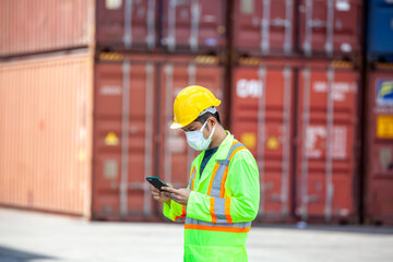 worker control loading containers box from cargo freight ship for import export, Foreman control industrial container cargo freight ship, Business logistic concept, Import and export concept