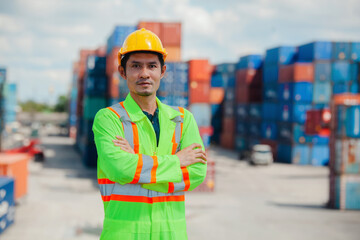 Foreman containers cargo inspector working. Cargo freight ship for import export. concept shipping,...