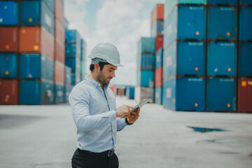 Engineer worker in causual suit standing in shipping container yard holding laptop with smile. Import and export product. Manufacturing transportation and global business concept - obrazy, fototapety, plakaty