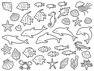 イルカと海の生き物の線画イラストセット