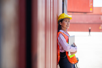 Foreman containers cargo inspector working. Cargo freight ship for import export. concept shipping,...