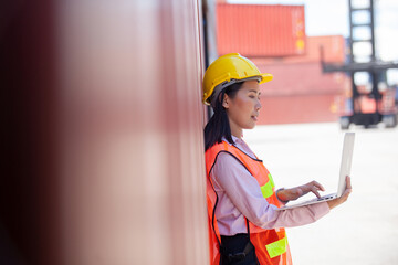 Foreman containers cargo inspector working. Cargo freight ship for import export. concept shipping,...