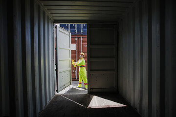 Foreman containers cargo inspector working. Cargo freight ship for import export. concept shipping,...