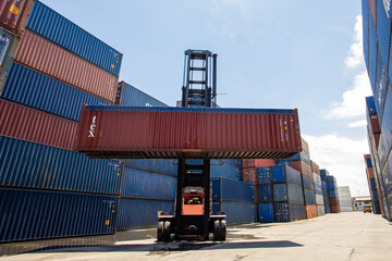 Logistics of international container cargo shipping and cargo plane in container yard, Freight...