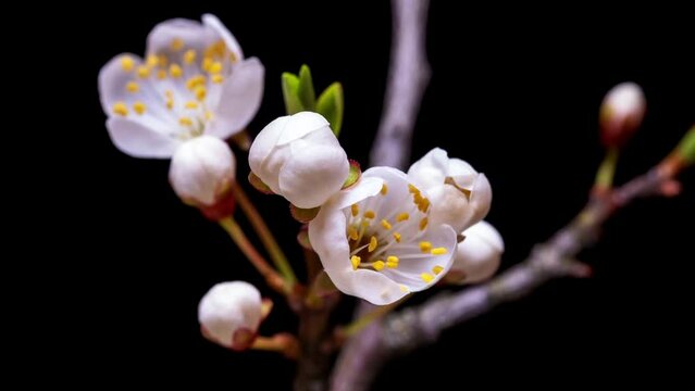 Spring flowers opening. Easter concept cherry tree time lapse fresh blossoming apricot close up. Flower branch on black video