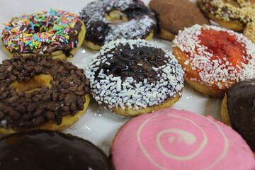Close up of colorful donuts