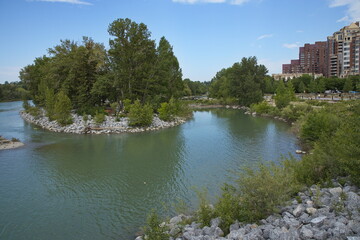 Bow River and skyline of Calgary,Alberta Province,Canada,North Americ
