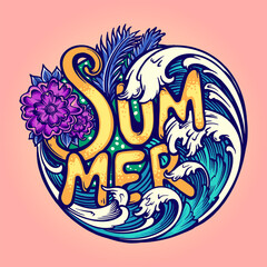 Happy summer tropical beach vacation Vector illustrations for your work Logo, mascot merchandise t-shirt, stickers and Label designs, poster, greeting cards advertising business company or brands.