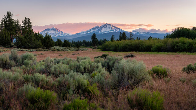 Three Sisters mountains during sunset in Bend Oregon