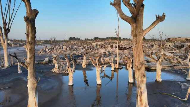 Deserted place once thriving tourists hotspot that went underwater for years, now uninhabitable, silent and lonely with buildings rubbles and dead trees covered in salt at Villa Epecu&eacute;n.
