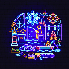 Fishing Hobby Neon Concept. Vector Illustration of Fish Promotion.