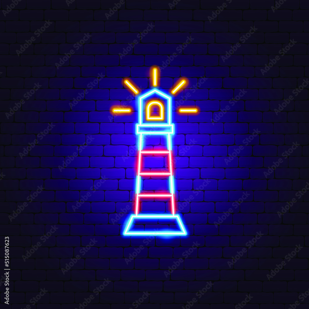 Wall mural lighthouse neon sign. vector illustration of sea promotion.