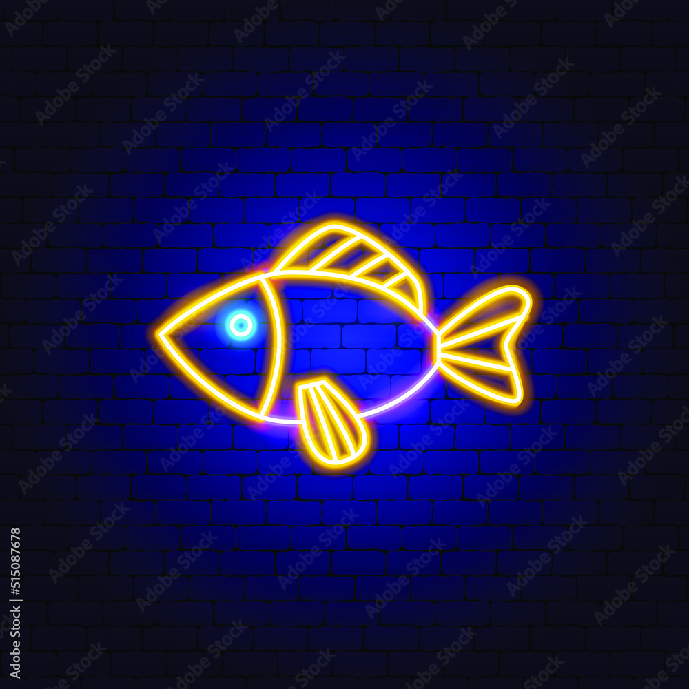 Poster yellow fish neon sign. vector illustration of sea promotion.