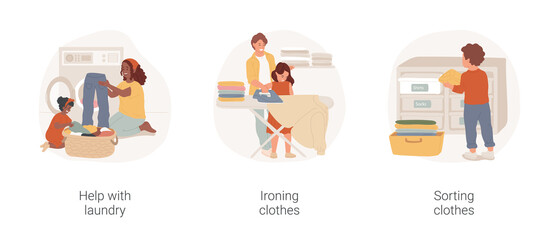 Household chores isolated cartoon vector illustration set. Child help mom with laundry, loading washing machine, ironing together, kid engaged in housework, sorting clothes vector cartoon.