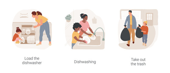 Kitchen chores isolated cartoon vector illustration set. Load the dishwasher, mother and child washing dishes together, kid helping father to take out the trash, daily routine vector cartoon.