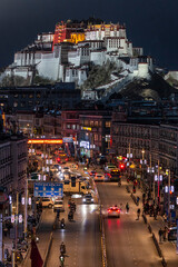Lhasa, Tibet, China - July 5, 2022: Potala Palace at night in Lhasa