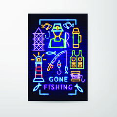 Out Fishing Neon Flyer. Vector Illustration of Fish Promotion.