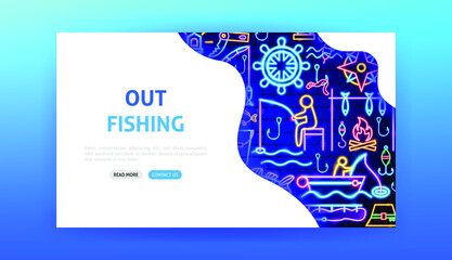 Out Fishing Neon Landing Page. Vector Illustration of Fish Promotion.