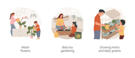 Home gardening isolated cartoon vector illustration set. Mother and child water flowers at home, balcony gardening, urban garden, planting seeds, growing herbs and leafy greens vector cartoon.