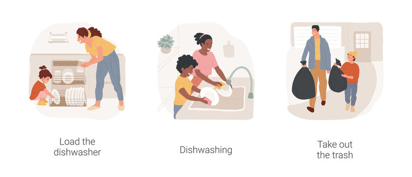 Kitchen Chores Isolated Cartoon Vector Illustration Set. Load The Dishwasher, Mother And Child Washing Dishes Together, Kid Helping Father To Take Out The Trash, Daily Routine Vector Cartoon.