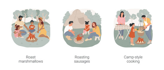 Campsite cooking isolated cartoon vector illustration set. Family sit aroun open fire, roast marshmallows on skewer, grill sausages, campfire cooking, camp-style kitchen vector cartoon.