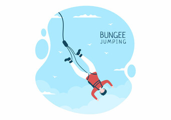 Bungee Jumping of People Tied with Elastic Rope Falling Down After Jump From a Height in Flat Cartoon Extreme Sport Vector Illustration