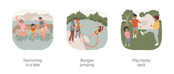 Active camping isolated cartoon vector illustration set. Swimming in a lake, family jumping in the water, bungee jumping, play hacky sack, camping sport activity vector cartoon.