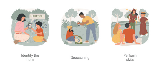 Forest activities isolated cartoon vector illustration set. Identify the flora, walk in the forest, learn plants, geocaching in nature, perform funny skits, family stand-up comedy vector cartoon.