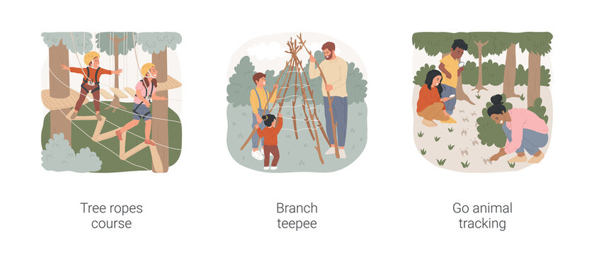Active holiday isolated cartoon vector illustration set. Tree ropes course, forest adventure park, family building branch teepee, campsite activity, go animal tracking with kids vector cartoon.
