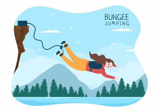 Bungee Jumping of People Tied with Elastic Rope Falling Down After Jump From a Height in Flat Cartoon Extreme Sport Vector Illustration