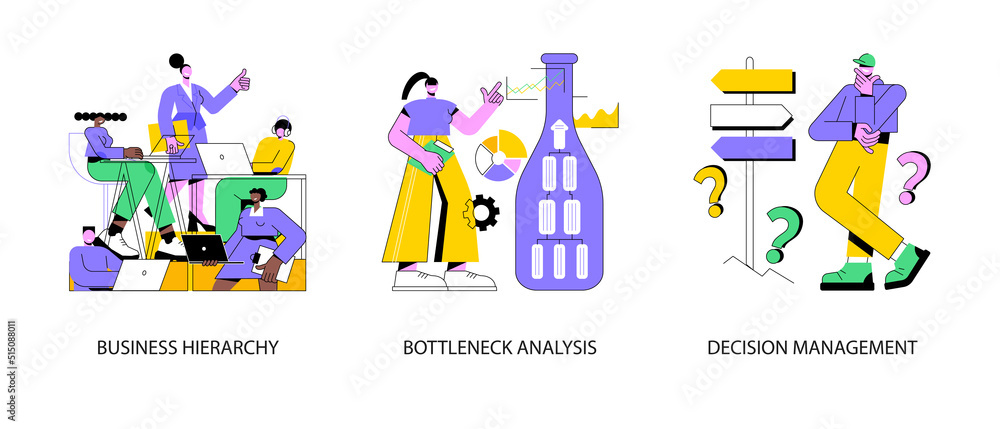 Poster management system abstract concept vector illustration set. business hierarchy, bottleneck analysis,
