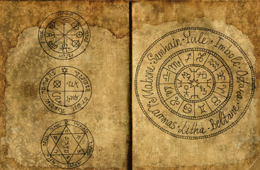 Hand drawn Halloween illustration of old page with wicca holidays chat and mystic symbols for witch magic spell book.