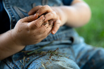 baby hands playing in the dirt