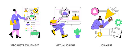 Headhunting abstract concept vector illustration set. Specialist recruitment, virtual job fair, job alert, human resources, digital hr, job offer, work opportunity information abstract metaphor.