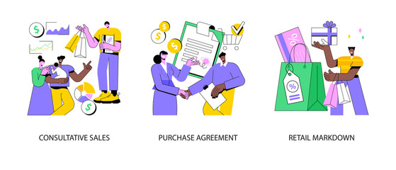 Fototapeta premium Marketing and promotion abstract concept vector illustration set. Consultative sales, purchase agreement, retail markdown, terms and conditions, product price, b2b selling, discount abstract metaphor.