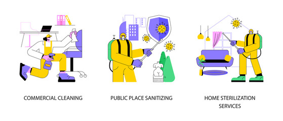 Fototapeta premium Covid19 virus spread control abstract concept vector illustration set. Commercial cleaning, public place sanitizing, home sterilization services, personal hygiene, office cleanup abstract metaphor.