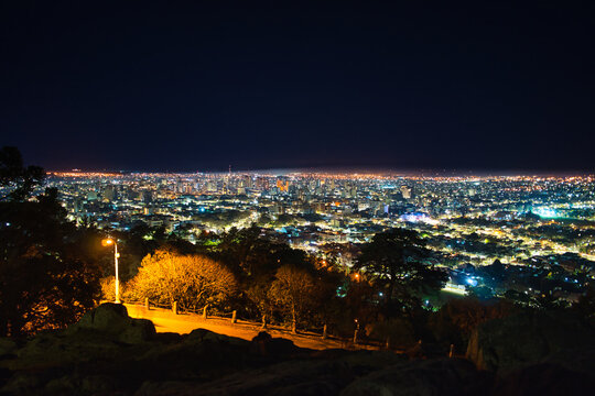 View of the city at night from an elevation