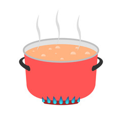 flat illustration of boiling soup in a red pot on isolated background