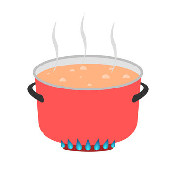flat illustration of boiling soup in a red pot on isolated background