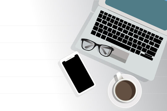 Minimalistic flat lay composition of black & white laptop computer keyboard, cell phone gadget, cup of coffee & folded glasses on textured wooden desk table background. Workspace top view,