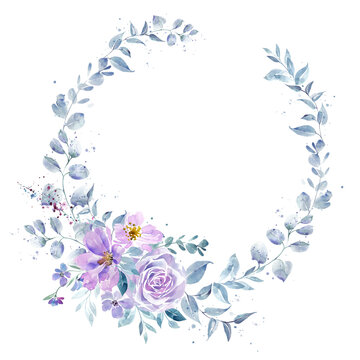 Wreath of purple flowers and eucalyptus leaves. Delicate wedding invitation design. Cute postcard template.