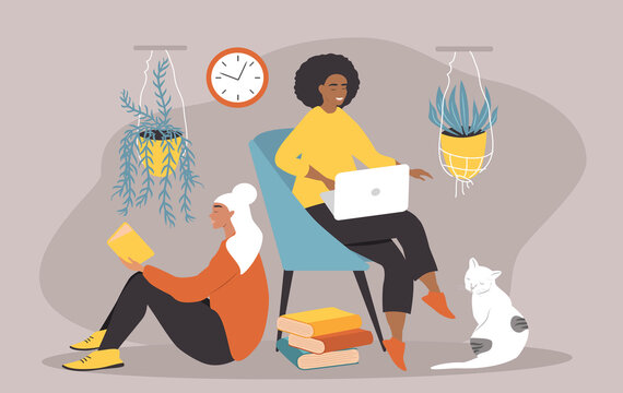 vector illustration in flat style - two women spend time at home. one reads, the other surfs the internet