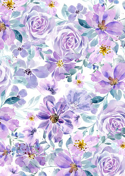 Very peri summer floral background. Purple flowers pattern for invitations, postcards, templates. Watercolor garden flowers in purple hues.