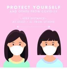 protect your self wearing a mask and keep distancing the illustration campaign poster with woman wearing mask vector illustration