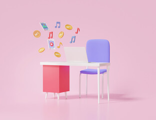 Buy, sell digital artwork concept. Table with laptop and chair for work from home, music, picture, video, NFT or Non-fungible token, blockchain technology on pink background. 3d rendering